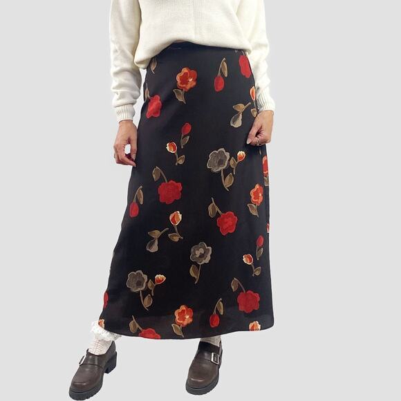 Vintage 90s Espresso Brown Cottage Floral A Line Midi Skirt Sz Small - Picture 1 of 8